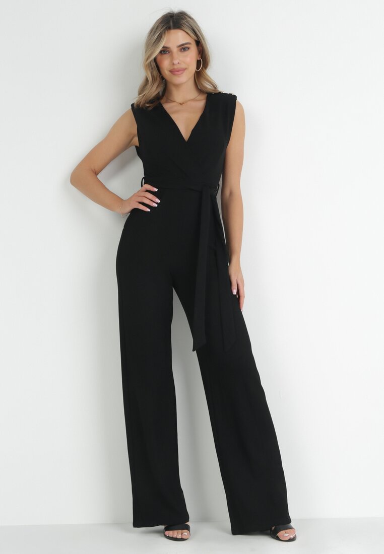 Czarny Kombinezon z Kopertowym Dekoltem i Wiązaniem w Talii Vannessa