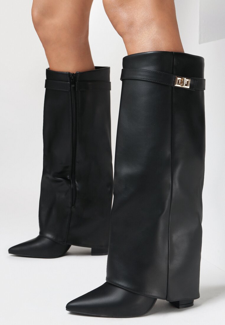 Czarne Kozaki z Szeroką Cholewką i Szpiczastym Noskiem Jazmynn