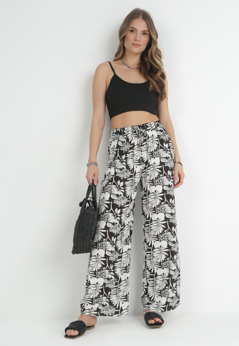 Czarne Spodnie w Kwiaty z Wiskozy Eleanie