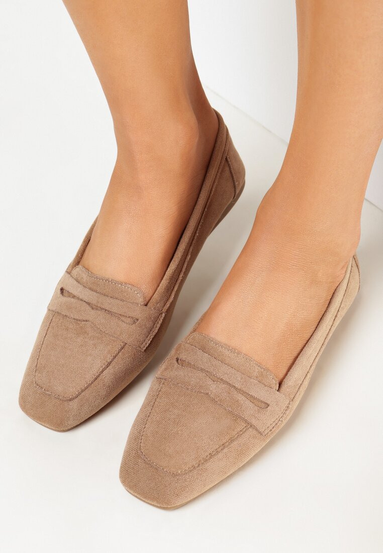 Ciemnobeżowe Płaskie Mokasyny z Imitacji Zamszu Testis