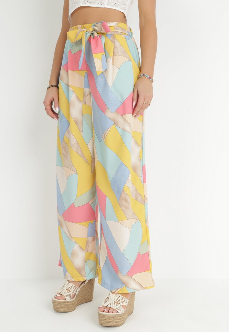 Beżowe Szerokie Spodnie w Geometryczny Wzór Amunio