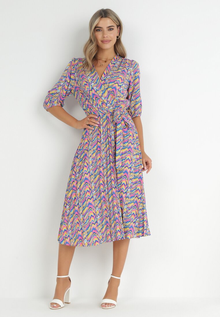 Niebiesko-Różowa Sukienka Maxi z Gumką w Pasie z Plisowanym Dołem Angelita