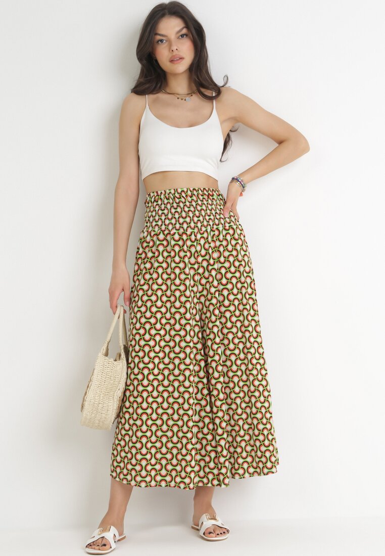 Jasnozielone Szerokie Spodnie Kuloty z Szeroką Gumką i Ozdobnym Wzorem Pasie Henita