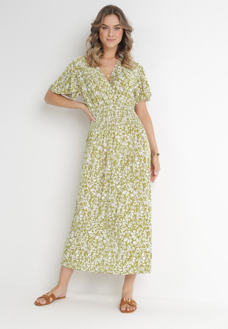 Jasnozielona Sukienka Maxi z Gumką w Talii i Kopertowym Dekoltem w Kwiaty Alaegha