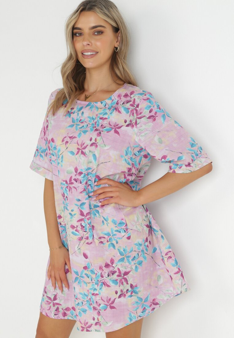 Fioletowa Trapezowa Sukienka Mini z Wiskozy w Kwiaty Donnia