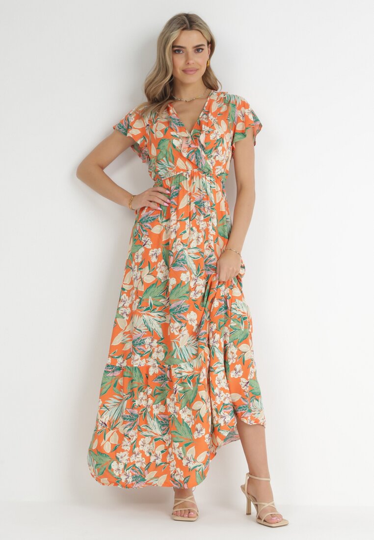 Pomarańczowa Sukienka w Kwiaty z Wiskozy z Kopertowym Dekoltem Narma