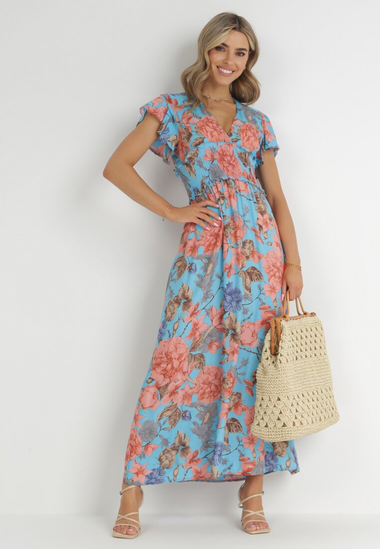 Niebieska Sukienka Maxi w Kwiaty z Gumką w Pasie Shepes