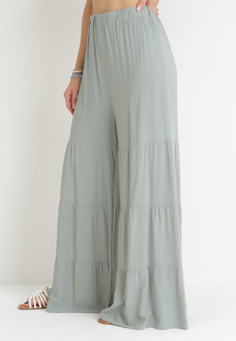 Miętowe Szerokie Spodnie z Gumką w Pasie Bemataria