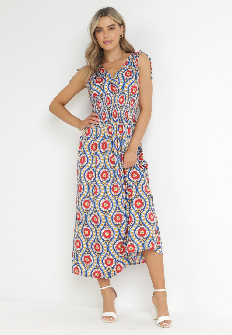 Niebiesko-Czerwona Rozkloszowana Sukienka Maxi z Gumką w Pasie Branna