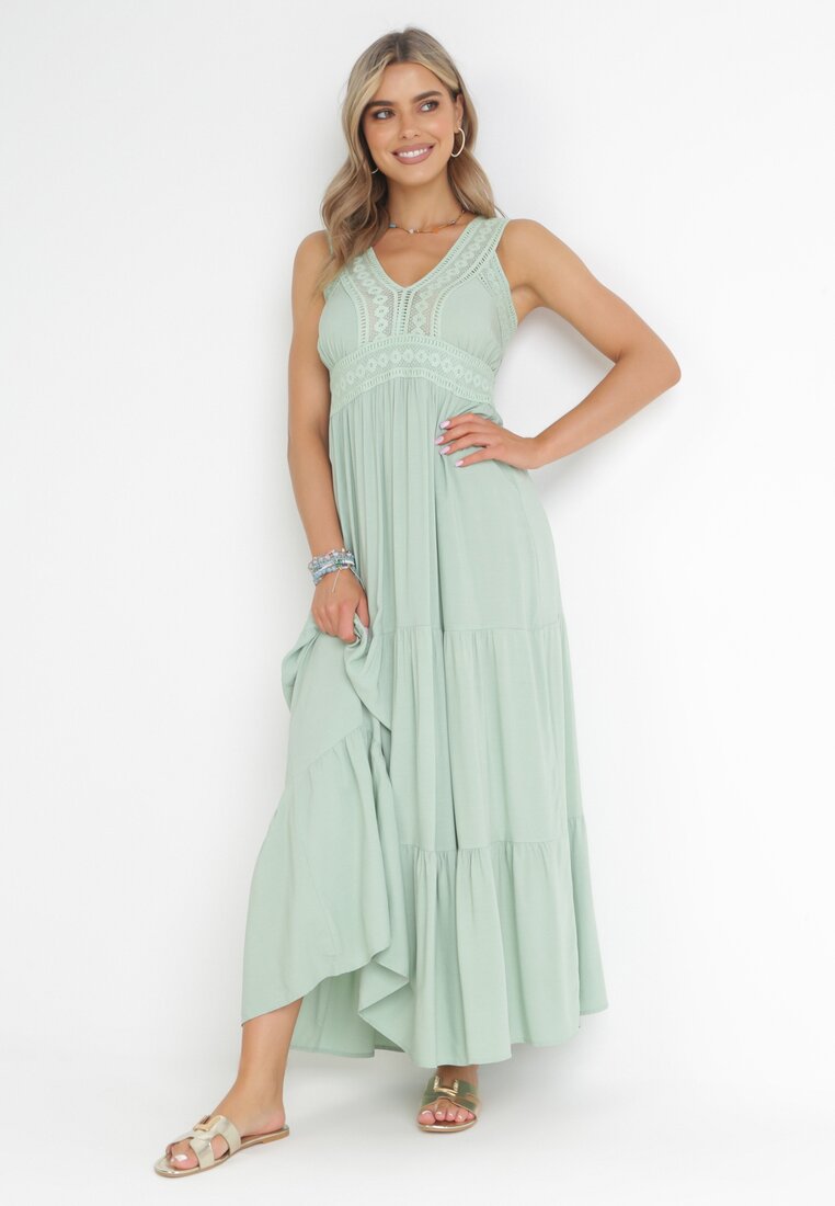 Zielona Sukienka Maxi z Ażurowymi Taśmami Bez Rękawów Jaemma