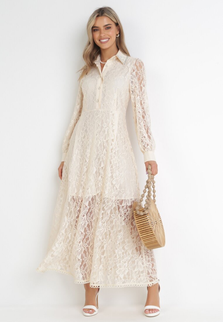 Beżowa Koronkowa Sukienka Maxi z Ozdobnym Kołnierzem z Cyrkoniami Abena