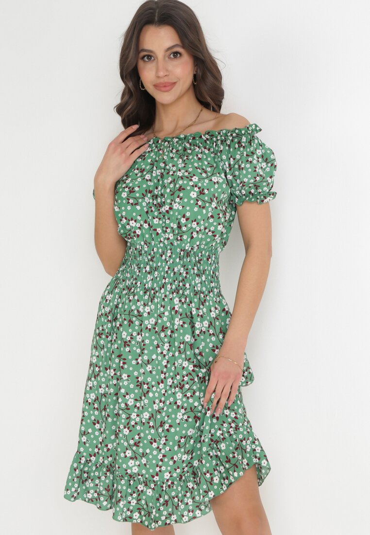 Zielona Bawełniana Sukienka Hiszpanka w Kwiaty z Marszczoną Gumką w Talii Rosaliya