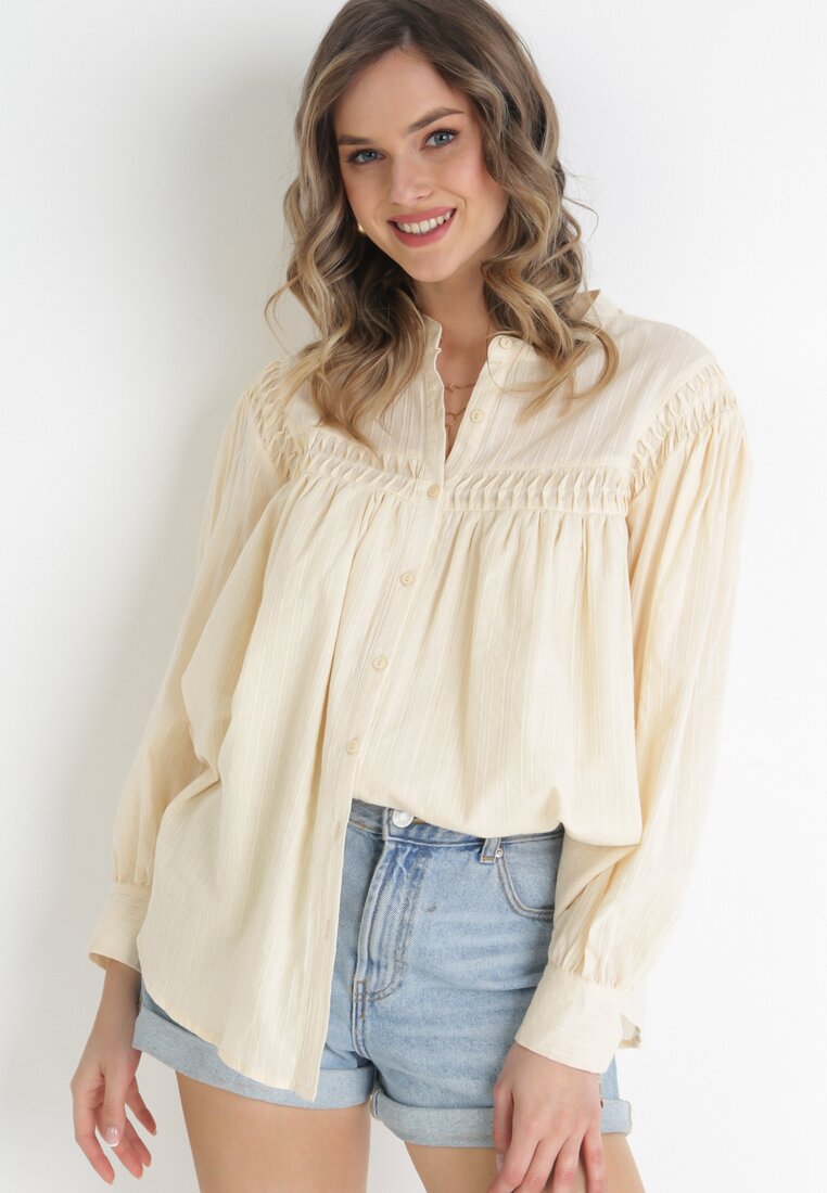 Beżowa Bawełniana Koszula z Przeszyciami na Ramionach Umika