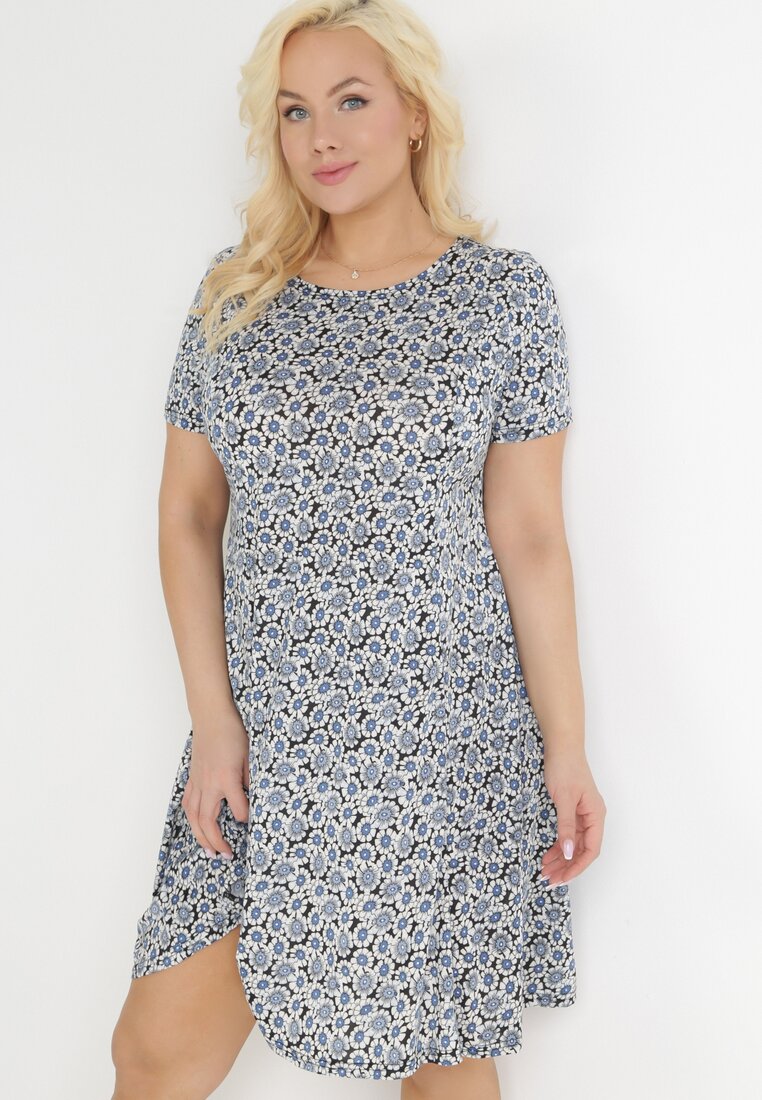 Niebiesko-Granatowa Trapezowa Sukienka Mini w Kwiatowy Wzór Aganis