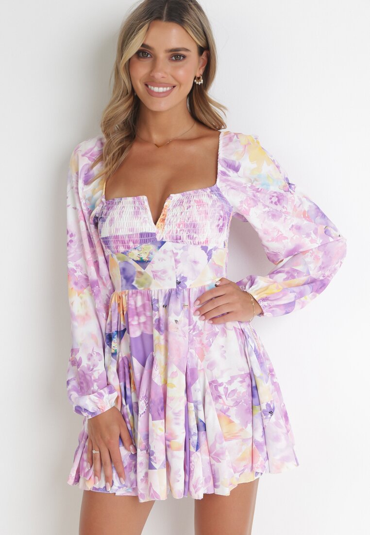 Fioletowa Sukienka Rozkloszowana w Kwiaty Deniza