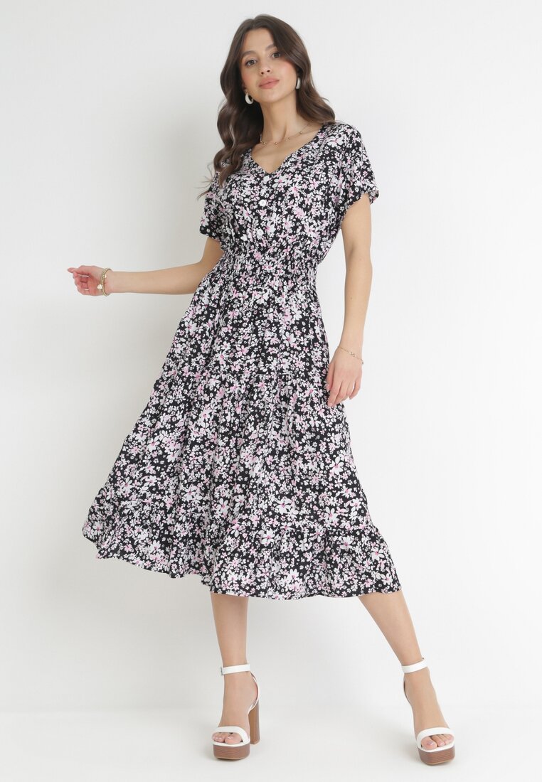 Czarna Bawełniana Sukienka w Kwiatki z Gumką w Talii i Guzikami Ronalika