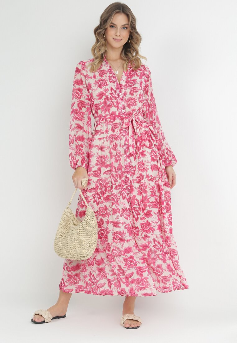 Fuksjowa Sukienka Maxi w Kwiaty z Guzikami i Materiałowym Paskiem Kinzey