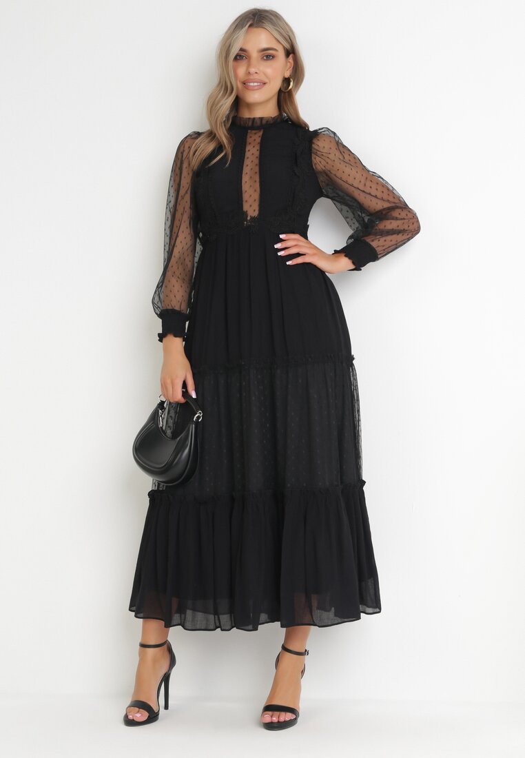 Czarna Rozkloszowana Sukienka z Ozdobnymi Tiulowymi Wstawkami Revisa