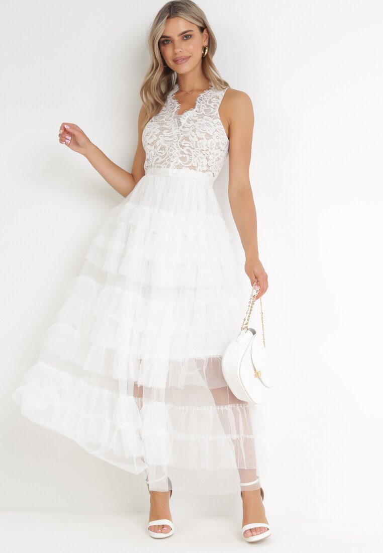 Biała Sukienka Maxi z Tiulowym Dołem i Koronkową Górą Deliva