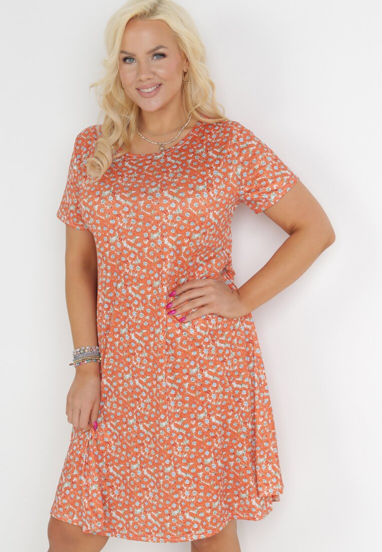 Pomarańczowa Rozkloszowana Sukienka Midi w Kwiaty Titarine