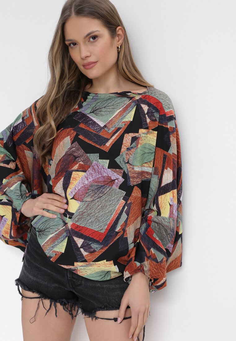 Czarno-Zielona 3w1 Bluzka Kombinezon i Spodnie z Geometrycznym Wzorem i Szerokimi Nogawkami Madelinn