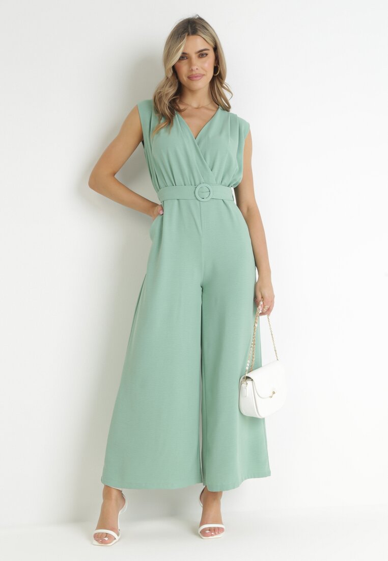 Zielony Długi Kombinezon bez Rękawów z Paskiem Jemina