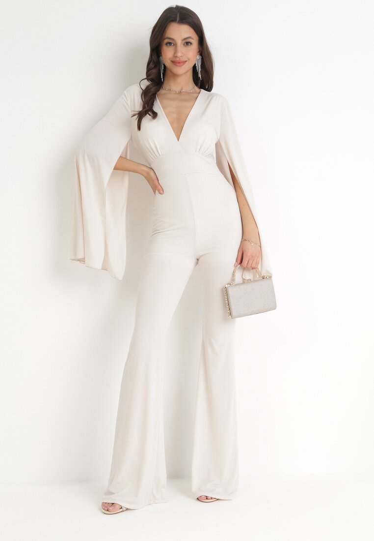 Beżowy Długi Kombinezon z Szerokimi Rękawami i Odkrytymi Plecami Dasima