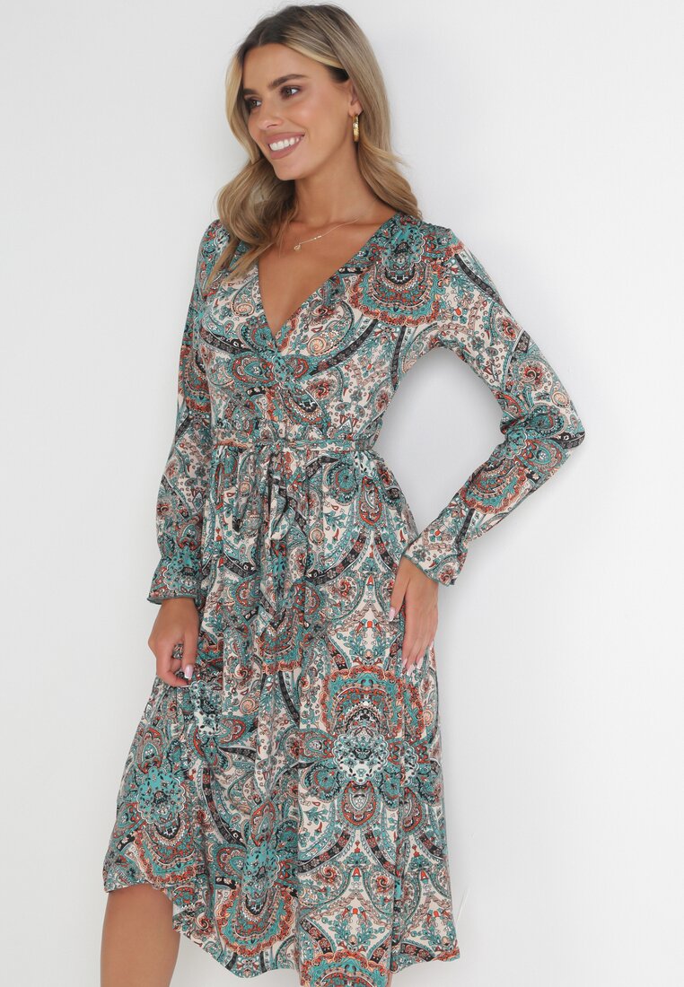 Zielona Sukienka z Gumką w Pasie i Wzorem Paisley Faendra