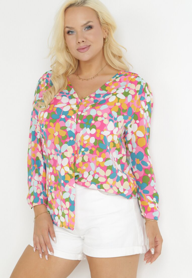 Fuksjowa Kwiecista Koszula z Ozdobnymi Guzikami i Trójkątnym Dekoltem Portlyn