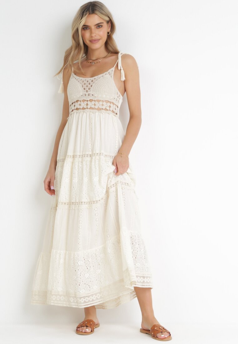 Beżowa Sukienka Maxi z Szydełkową Górą i Haftem Serdrei