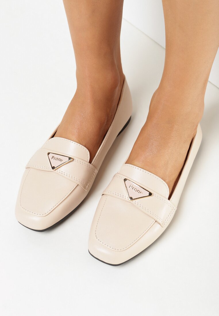 Beżowe Płaskie Mokasyny Loafersy z Delikatną Klamerką Bradlie