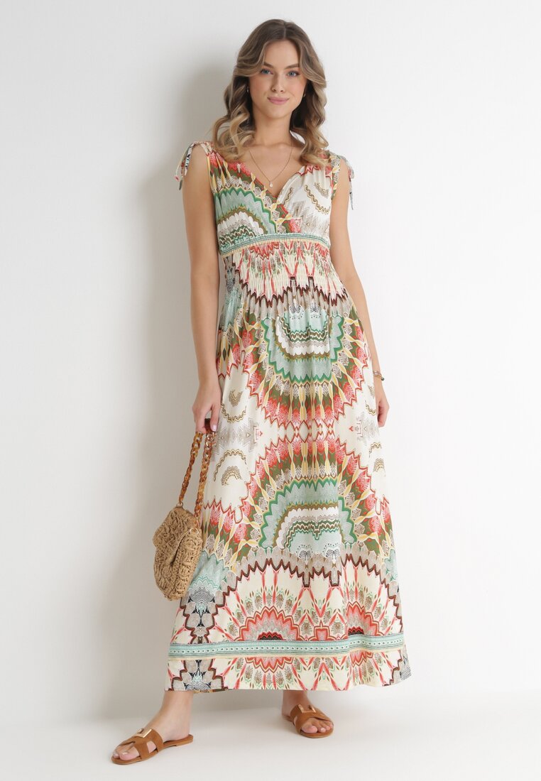 Zielona Wiskozowa Sukienka Tie Dye Maxi z Marszczoną Gumką w Pasie Lucira