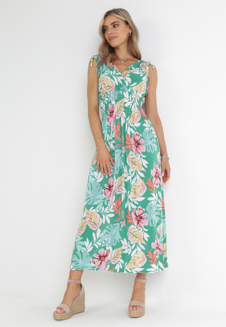 Zielona Sukienka w Kwiaty z Gumką w Pasie Dionothy