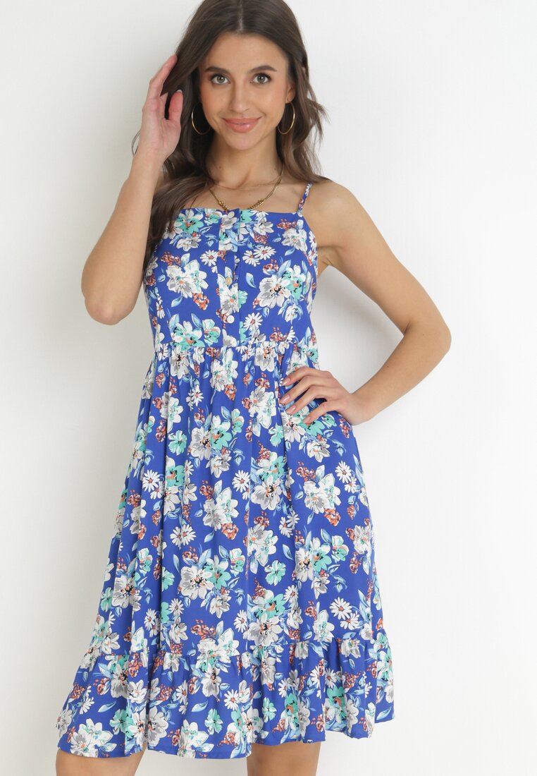 Granatowa Sukienka na Cienkich Ramiączkach z Wiskozy w Kwiaty Kimball