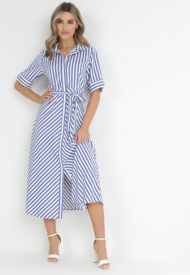 Niebieska Koszulowa Sukienka z Wiskozy w Paski Wiązana w Talii Nevia