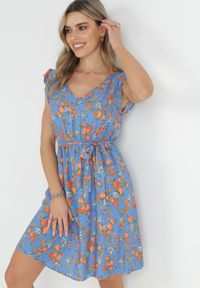 Niebieska Sukienka z Gumką w Pasie z Wiskozy w Kwiaty Chrysa