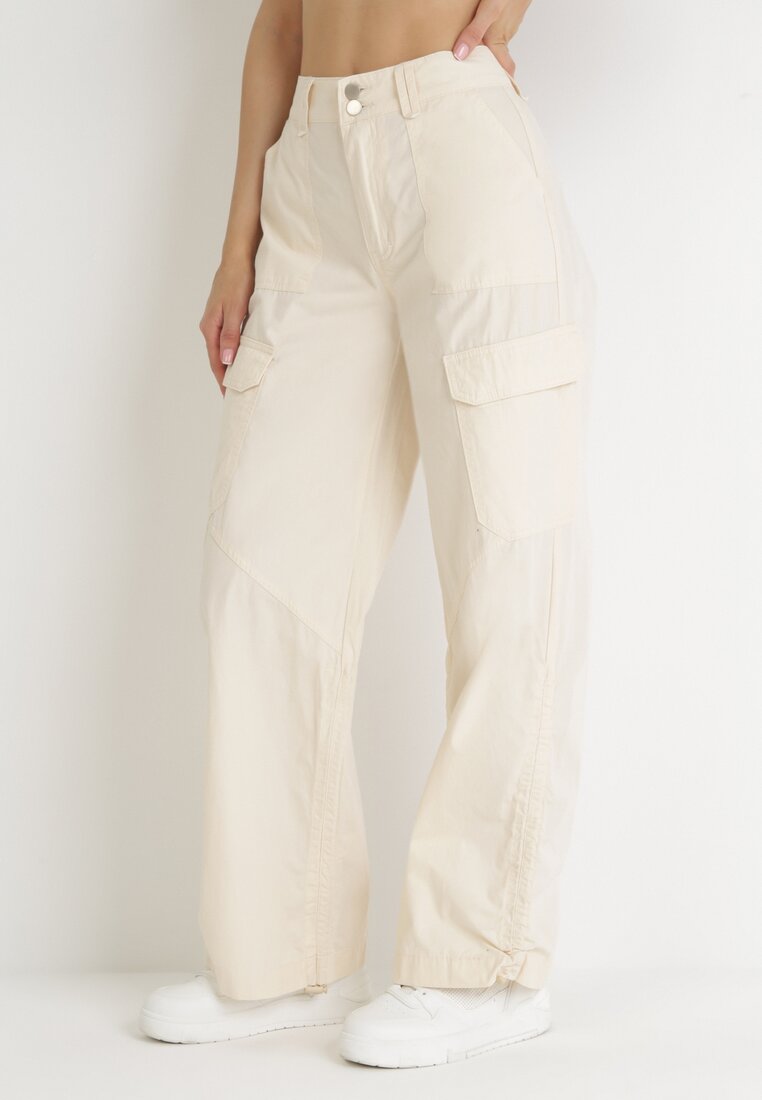 Beżowe Bawełniane Spodnie ze Stoperami na Krawędziach Nogawek Lile