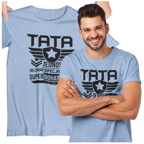 Koszulka dla TATY modny prezent na Dzień Ojca Stylowa koszulka TATA JEDNOSTKA DO ZADAŃ SECJALNYCH SUPERBOHATERÓW kolor błękitny