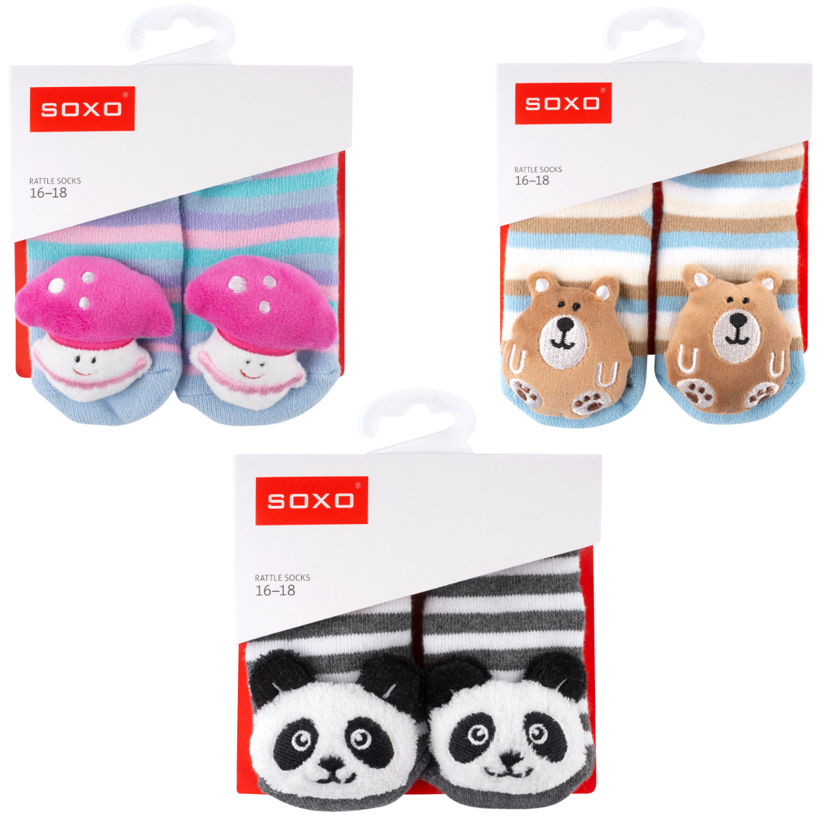 Set 3x Skarpetki niemowlęce kolorowe SOXO z grzechotką
