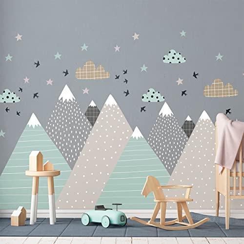 Naklejki ścienne dla dzieci - Dekoracja pokoju dziecięcego - Naklejki ścienne dla dzieci - Skandynawska naklejka ścienna - olbrzymi skandynawskie góry Farouka - H60 x L90 cm