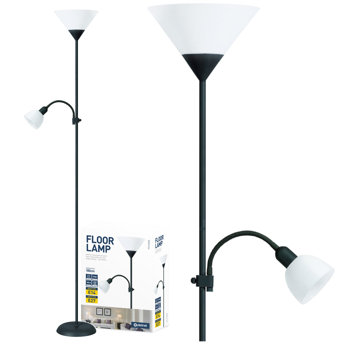 Platinet Lampa podłogowa FLOOR LAMP E27+E14 BLACK [45178] PFLF066B