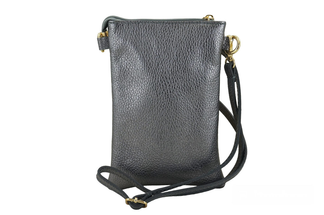 Mini torebka / etui ze skóry metalizowanej - Srebrna ciemna