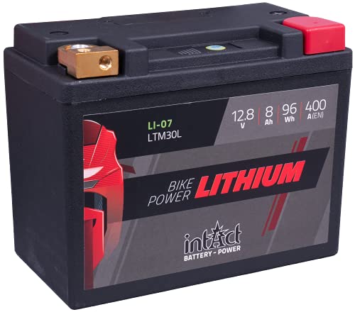 intAct Bike-Power Lithium LI-07, LTM30L, 12,8 V 8 Ah 96 Wh, 400 A (CCA), Wysokiej jakości litowy akumulator motocyklowy z inteligentnym zarządzaniem akumulatorem i oszczędnością masy do 75%.