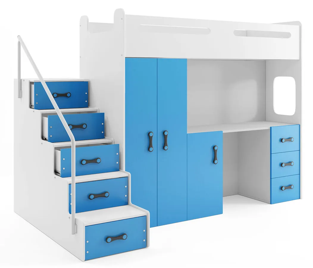 Biało-niebieskie piętrowe łóżko dla dzieci 3w1 F7-H16