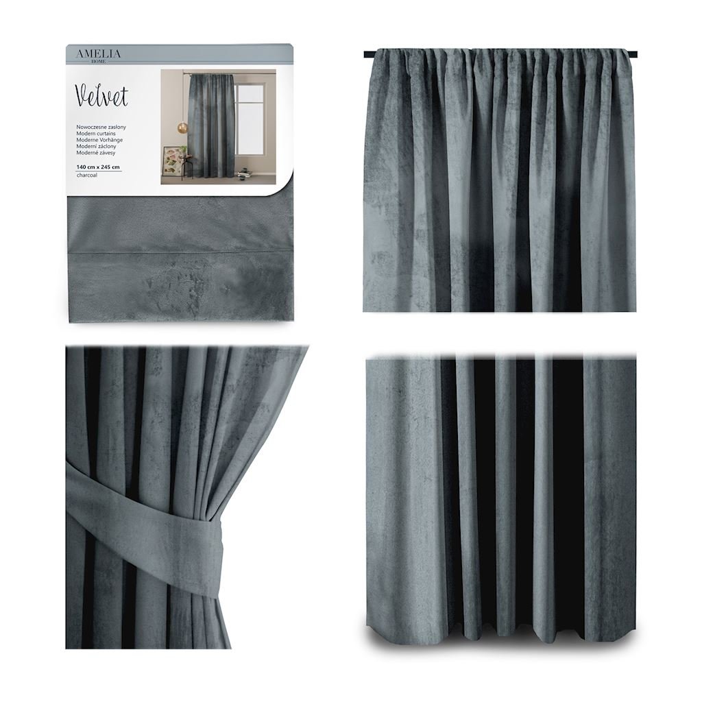 Zasłona VELVET kolor szary styl klasyczny taśma velvet 140x245 ameliahome - CURT/AH/VELVET/PLEAT/CHARCOAL/140X245/1PC