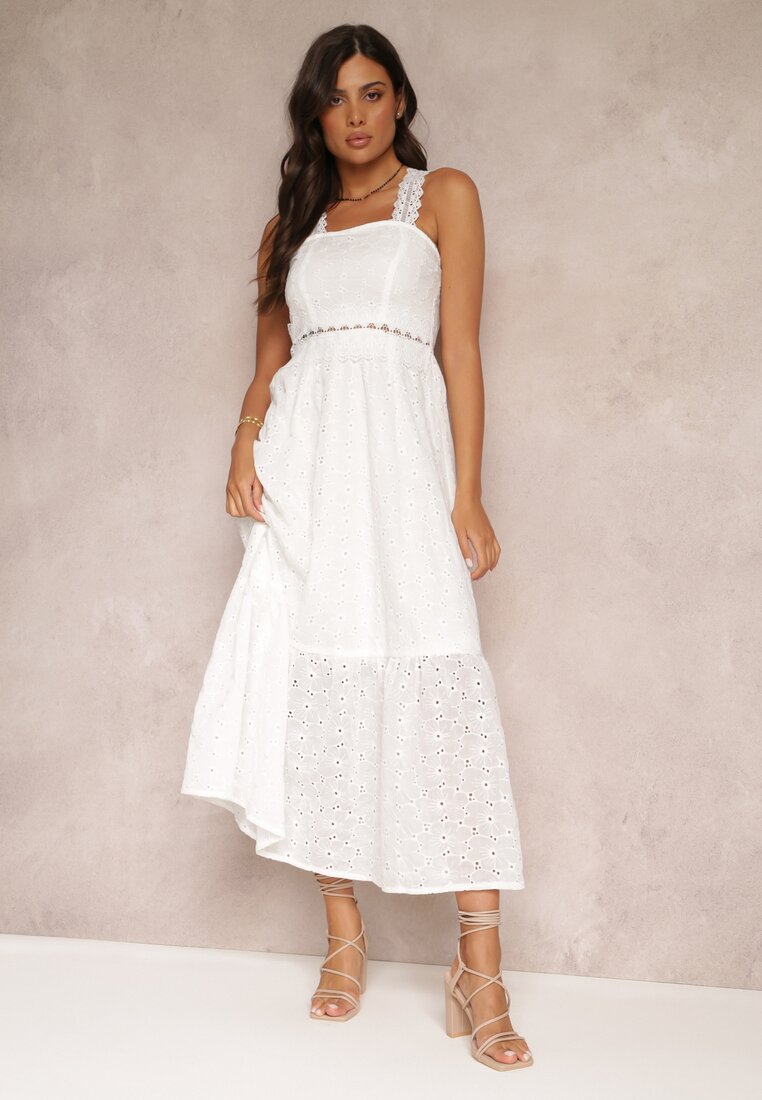 Biała Haftowana Sukienka Maxi z Koronką Norgann