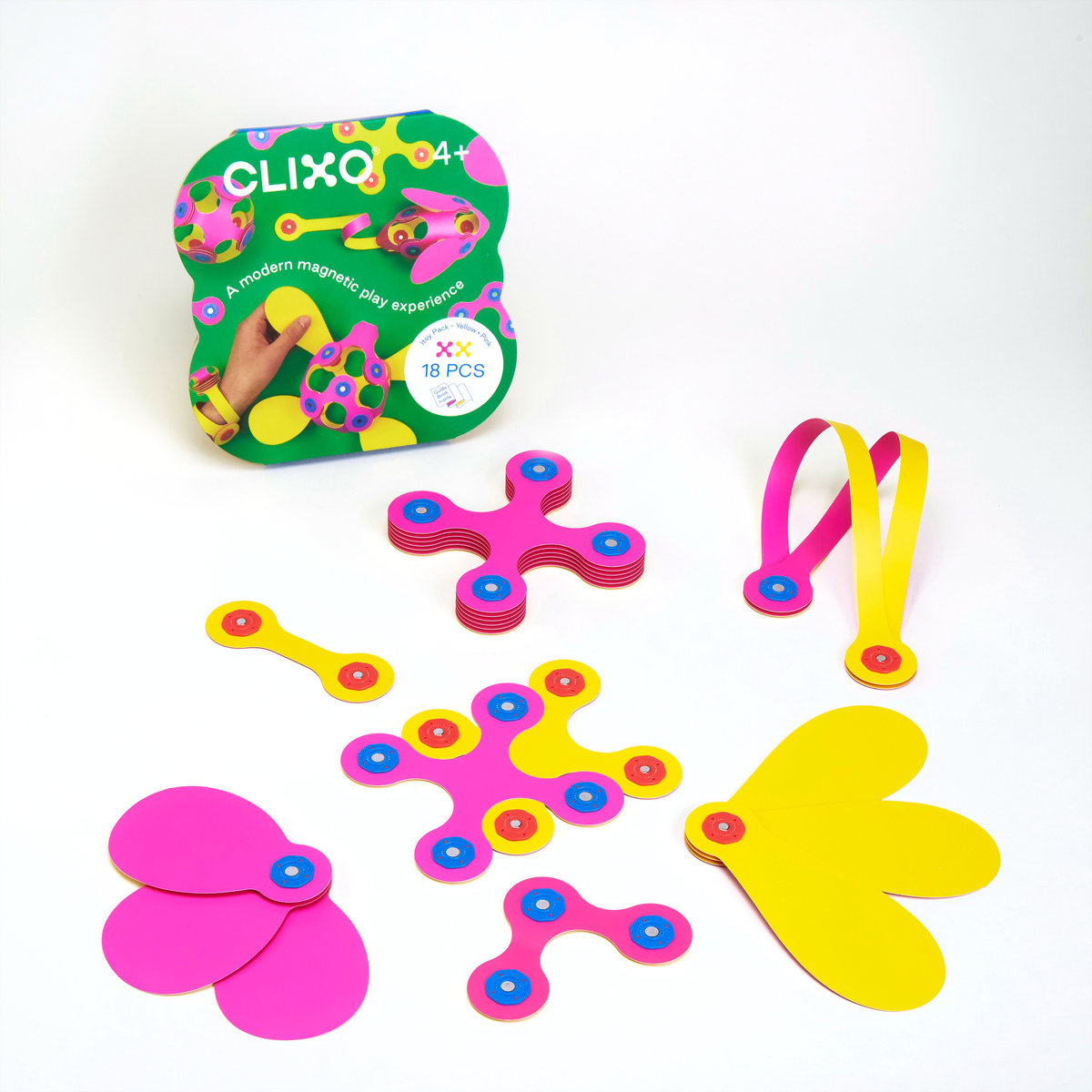 CLIXO klocki magnetyczne jak origami - zestaw 18 elementów (różowo - żółty)