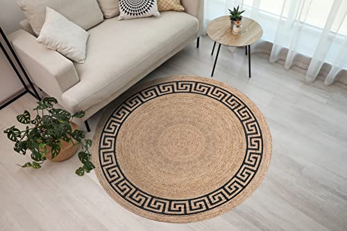 eCarpet TANGO Collection okrągłe koło GREEK MOTIF hall przytulne scandi ręcznie robione z recyklingu 3074-120cm x 120cm Chic czeski dywan bawełniany, można prać ręcznie
