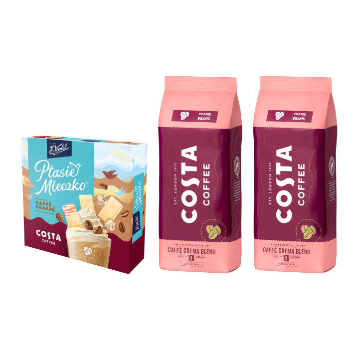 ZESTAW - Kawa ziarnista Costa Coffee Crema Blend 2x1kg + Ptasie Mleczko Wedel Słony Karmel Shake 340g