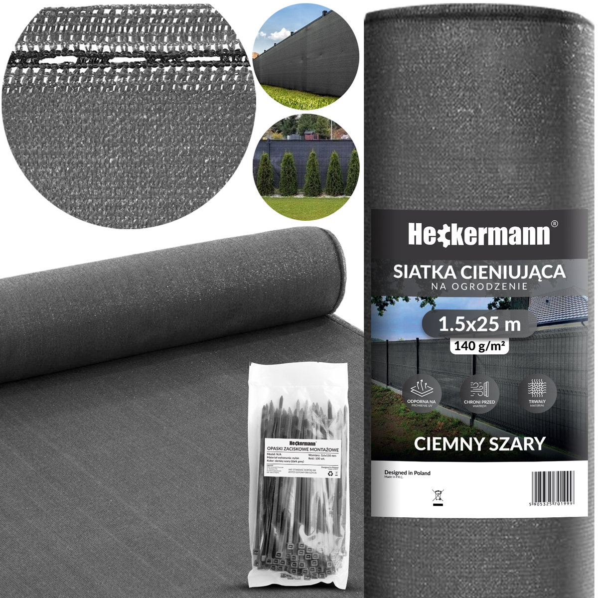 Zestaw Siatka cieniująca 1,5x25m Heckermann - Szara + Opaski zaciskowe Heckermann 100szt - Szare
